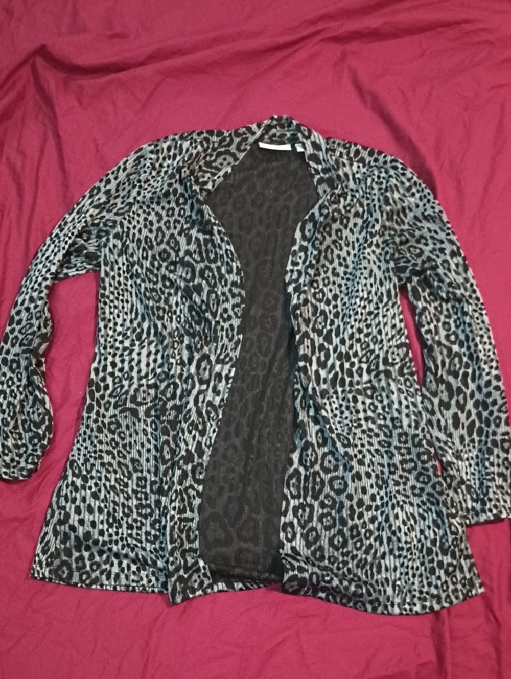 Susan Graver Black & Silver Leopard Open-Front Cardigan Woman's Size L Beautiful